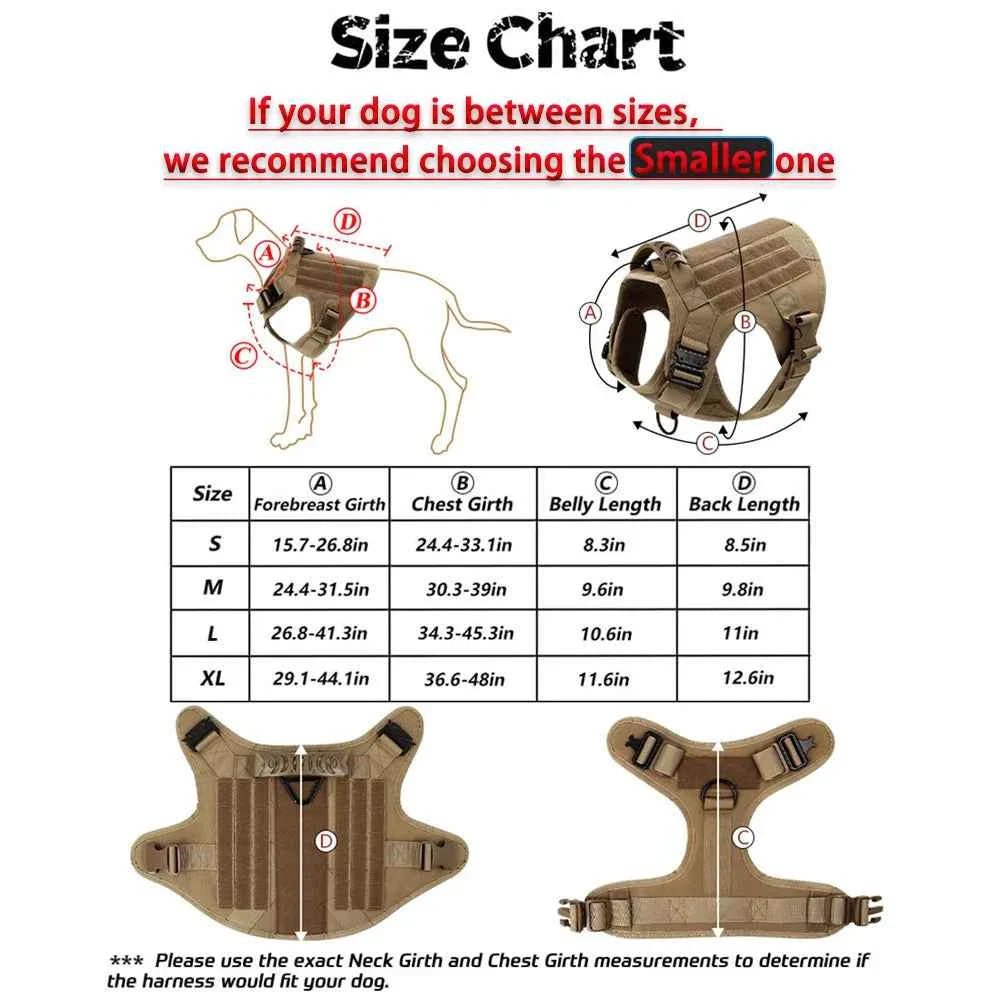 Tan dog harness sizing chart diagram with front and back length measurement labels