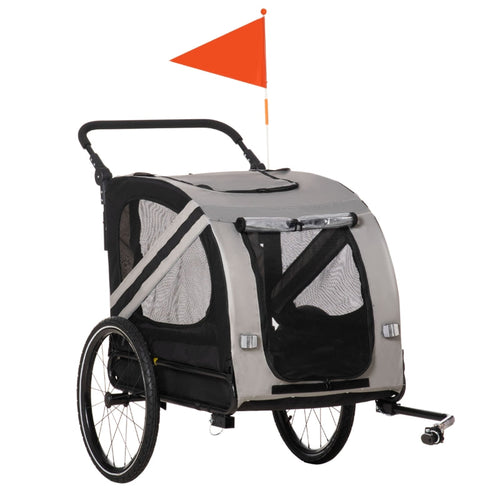 Grey and black 2-in-1 pet bike trailer stroller with rear roof canopy and mesh side windows