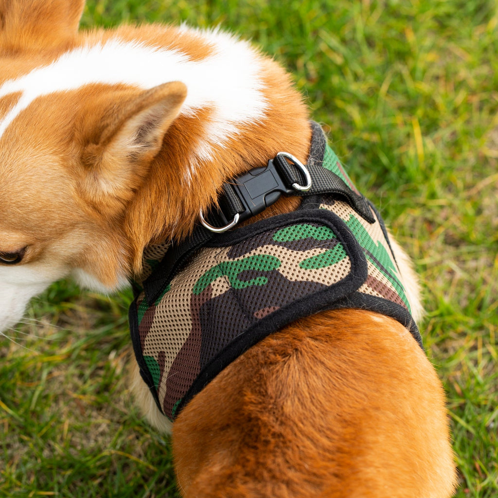 Camo soft mesh pet harness close-up with black edging and adjustable buckles
