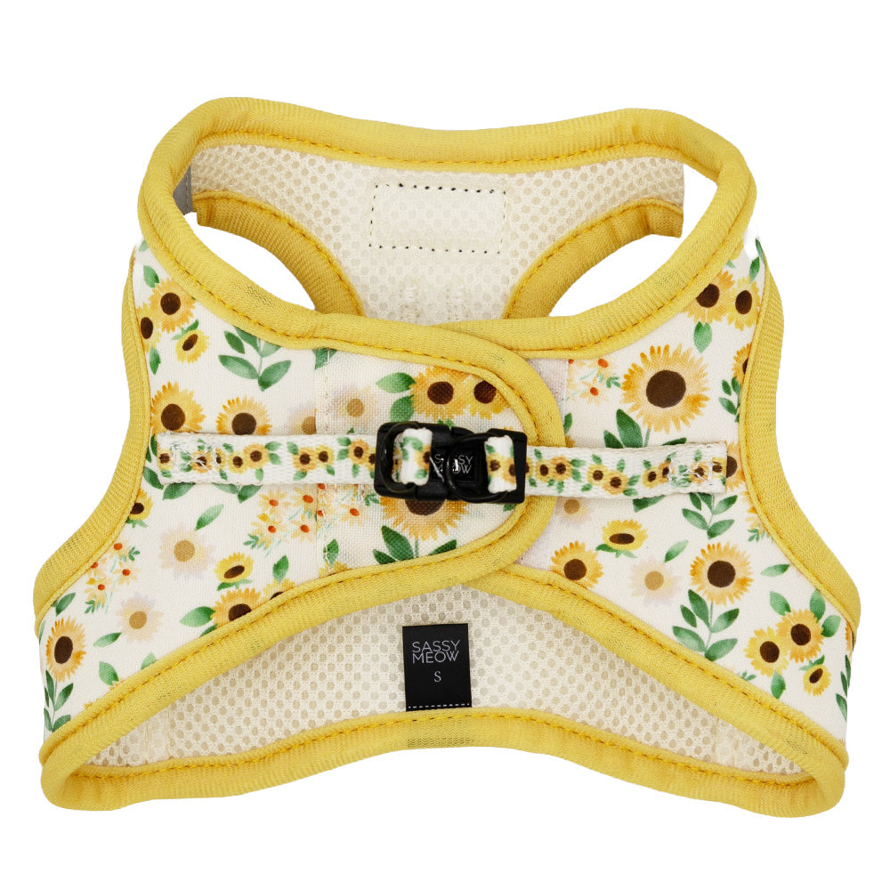 Cat step-in harness with sunflower pattern, yellow edging, and front waist strap