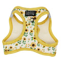 Cat step-in harness with sunflower print, yellow trim, and breathable mesh panels