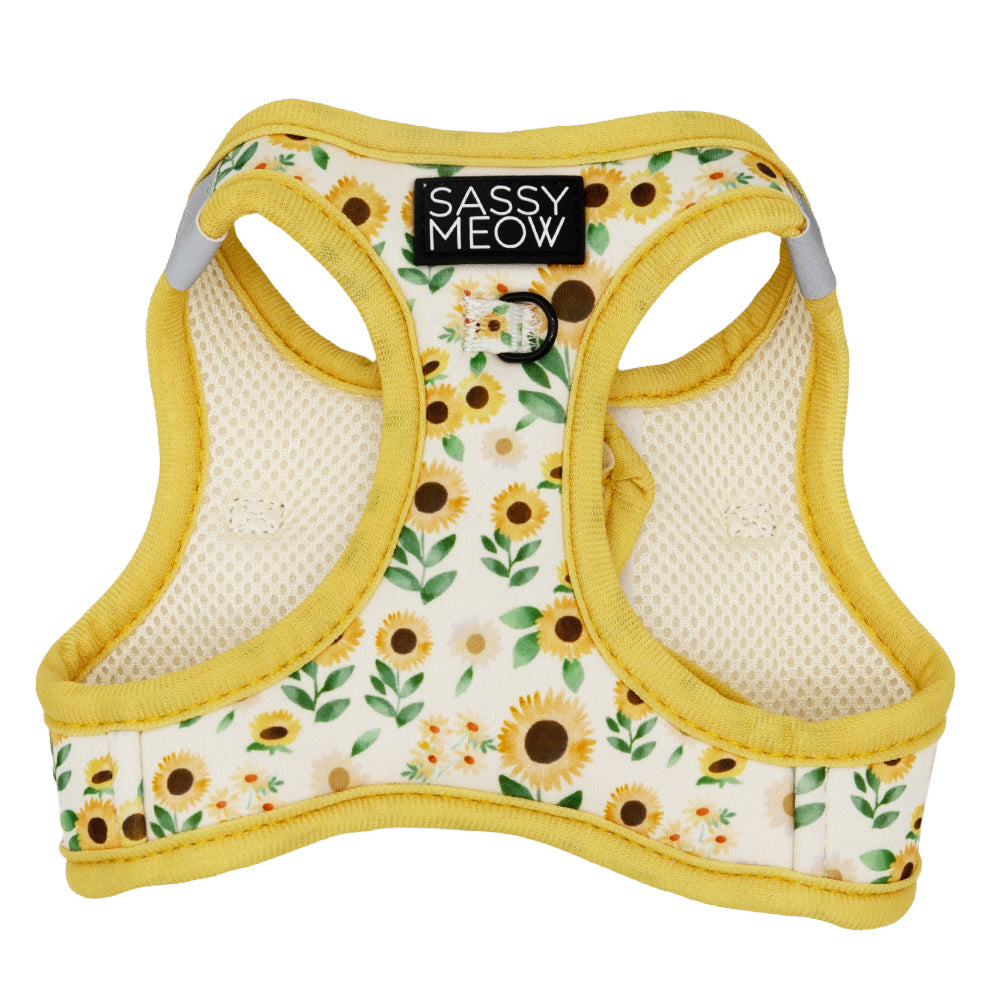 Cat step-in harness with sunflower print, yellow trim, and breathable mesh panels