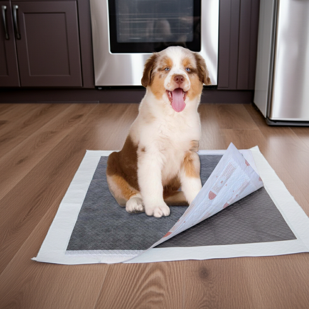 Gray and white ultra-absorbent dog training pad with folded corner