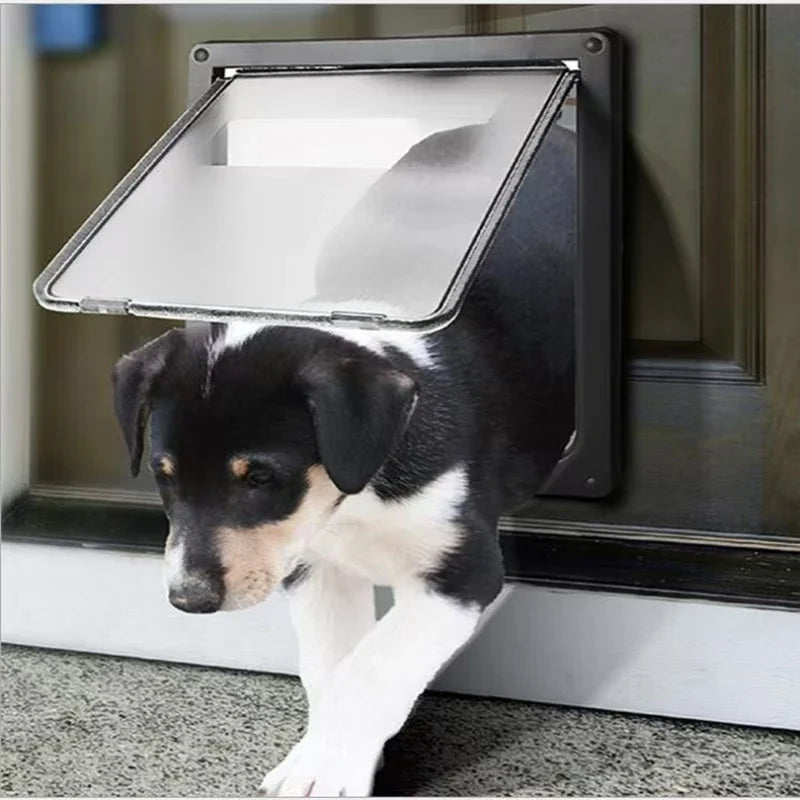 Lockable pet door with frosted privacy flap, dark frame and outer cover mounted