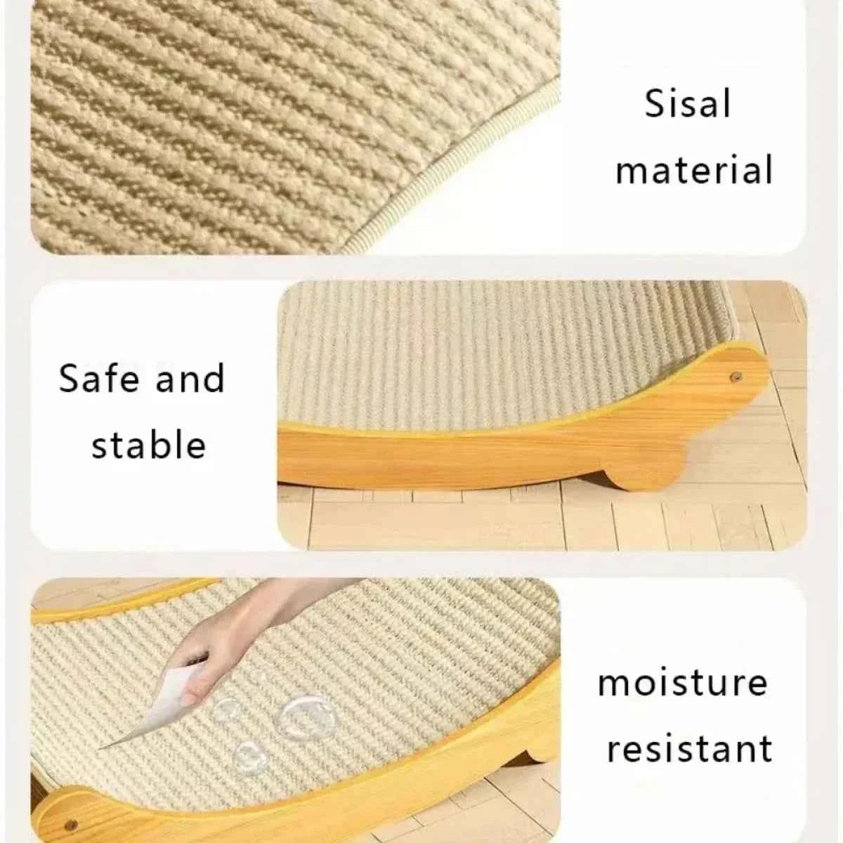 Sisal scratching pad with curved wooden rim and stable wooden supports