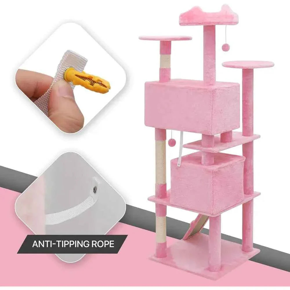 Pink cat tree with anti-tipping support rope and multi-level platforms