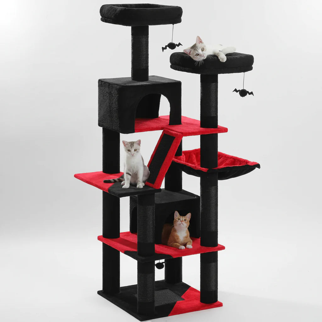 Tall cat tree in black plush with red platforms, enclosed condos, scratching posts, and top perch