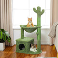 Green cactus cat tree with hammock bed and lower condo; cat on hammock