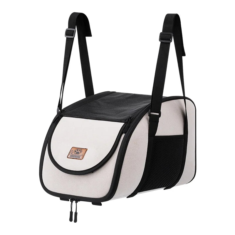 White car seat belt carrier with black straps and side mesh pocket