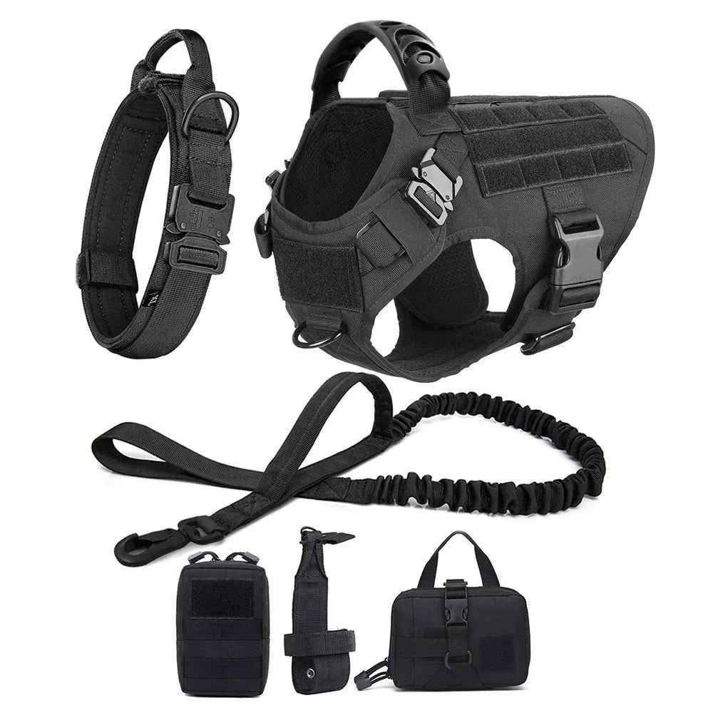 Black no-pull dog harness vest with coiled leash and accessory pouches set
