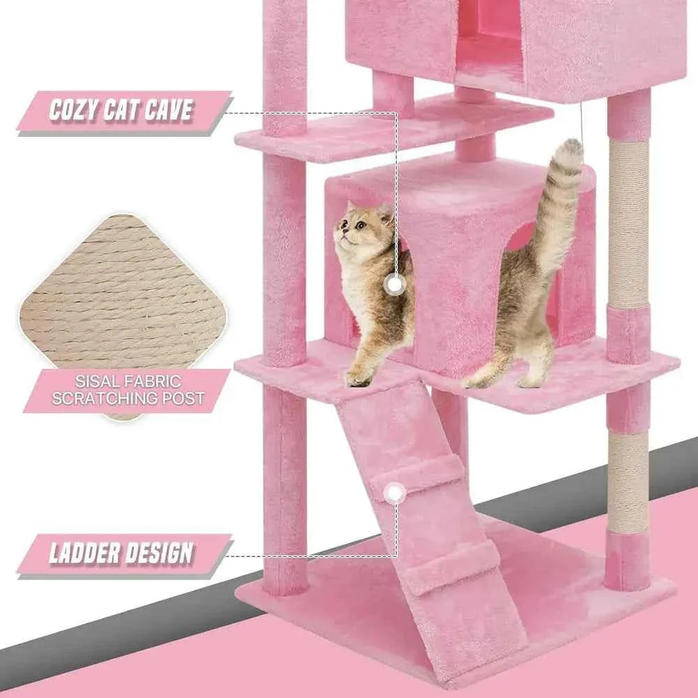 Pink cat tower showing sisal scratching post, ladder ramp and cozy cave section