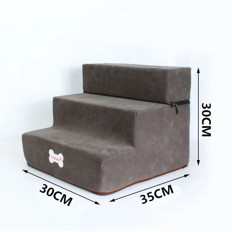 Three-step pet stairs with dark brown fabric and removable cover, non-slip base