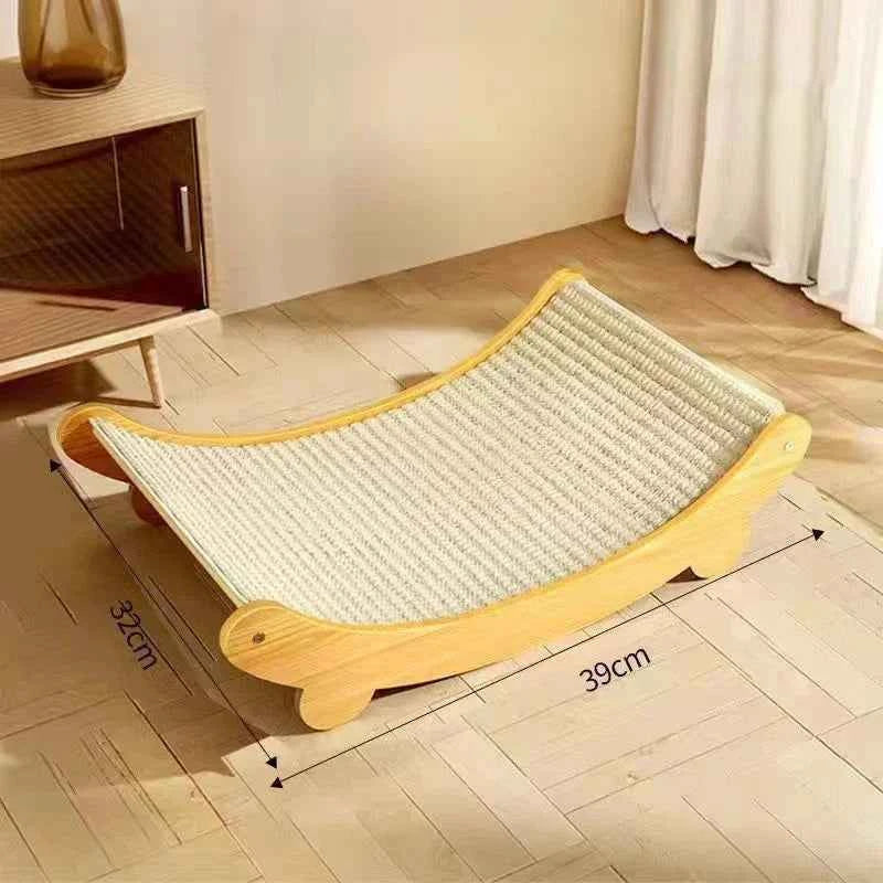 Wooden cat scratch bed, size S: 32x39cm curved wooden base and beige sisal surface