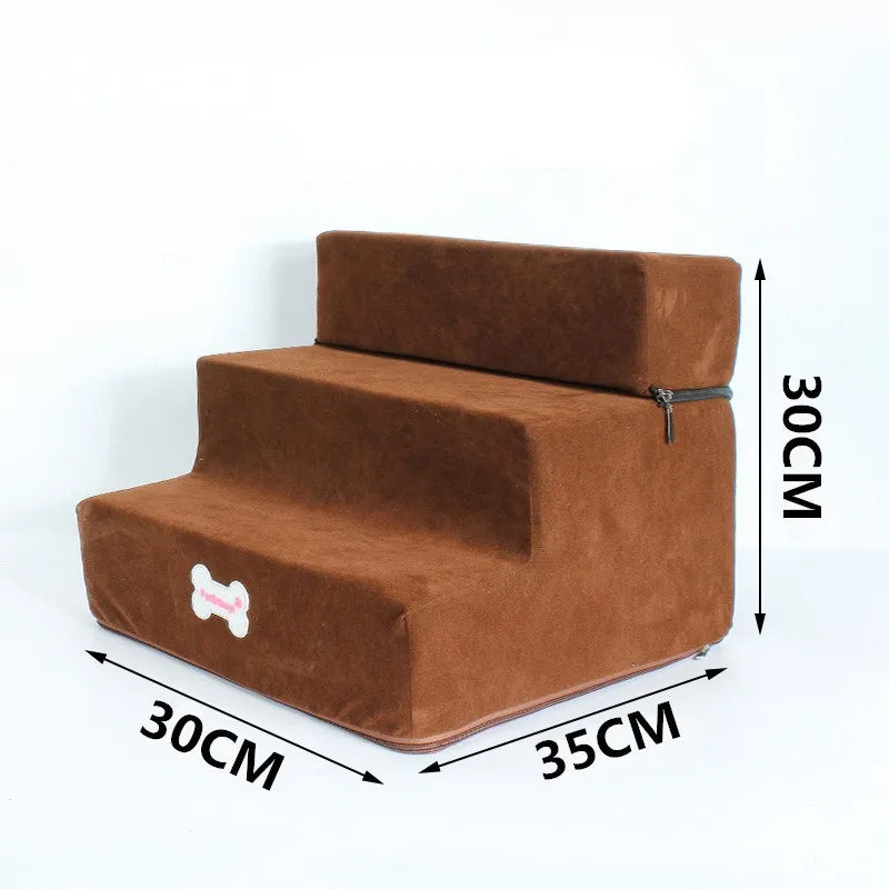 Three-step pet stairs in light brown fabric with zipper strap and non-slip base