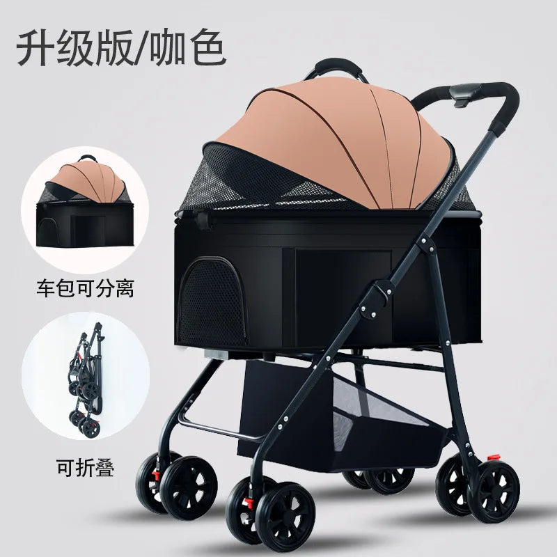 3-in-1 pet stroller carrier with tan hood, black mesh panels, four wheels