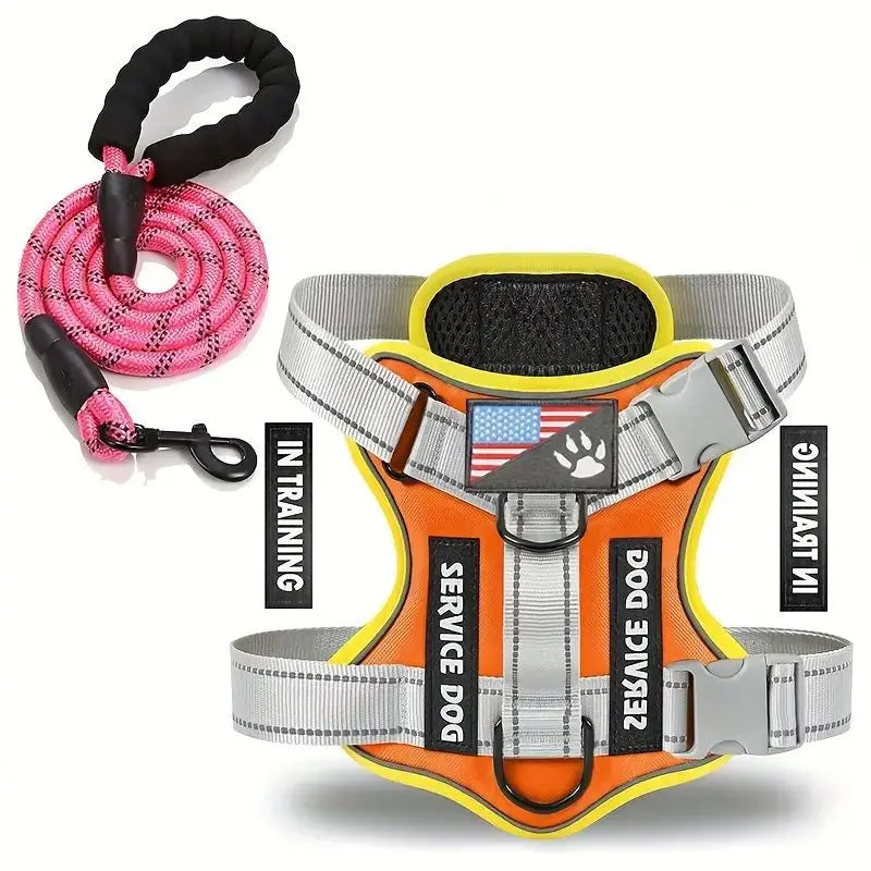 Orange reflective dog vest harness with leash rope and carabiner clip, adjustable straps