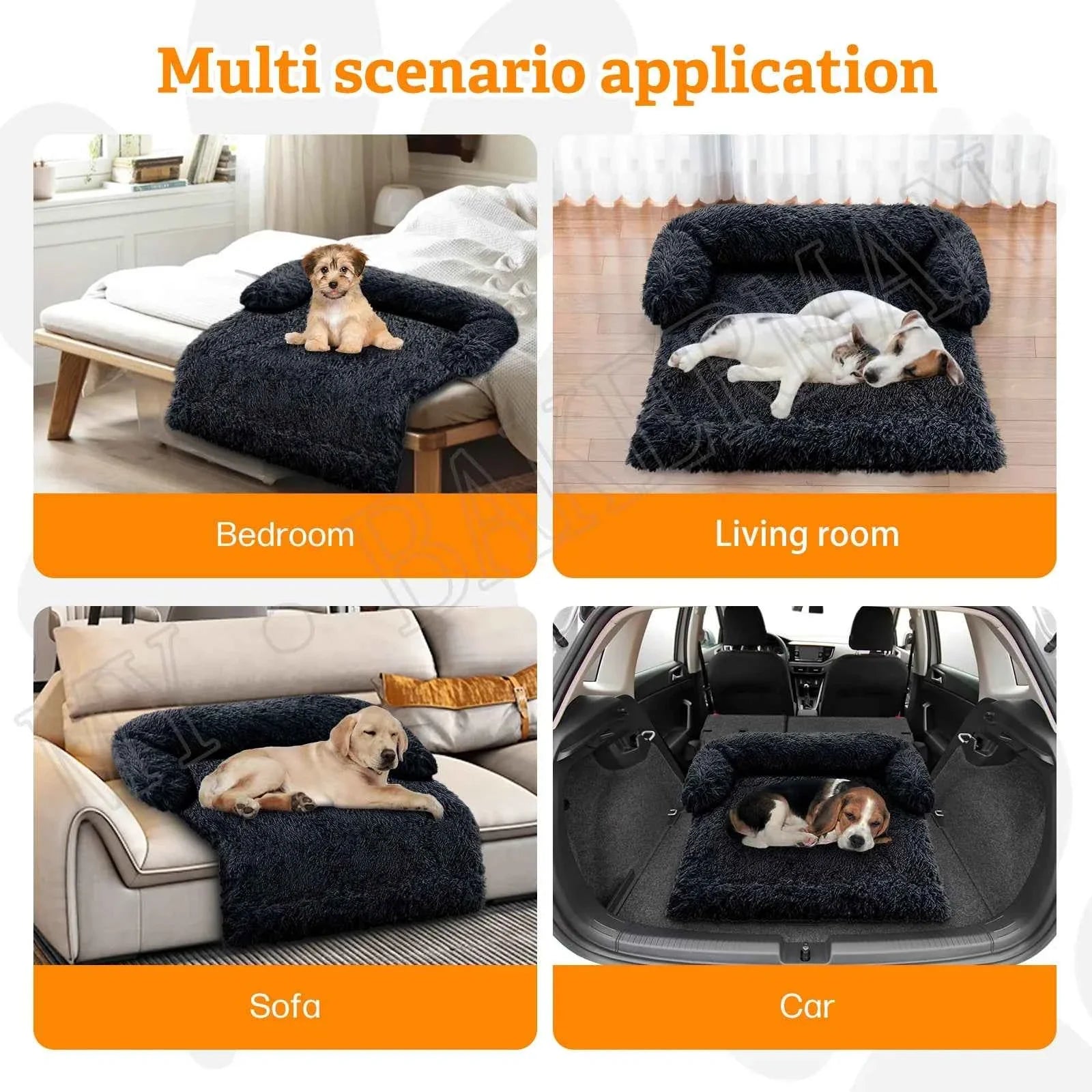 Dark plush pet bed used in bedroom, living room, sofa, and car scenes