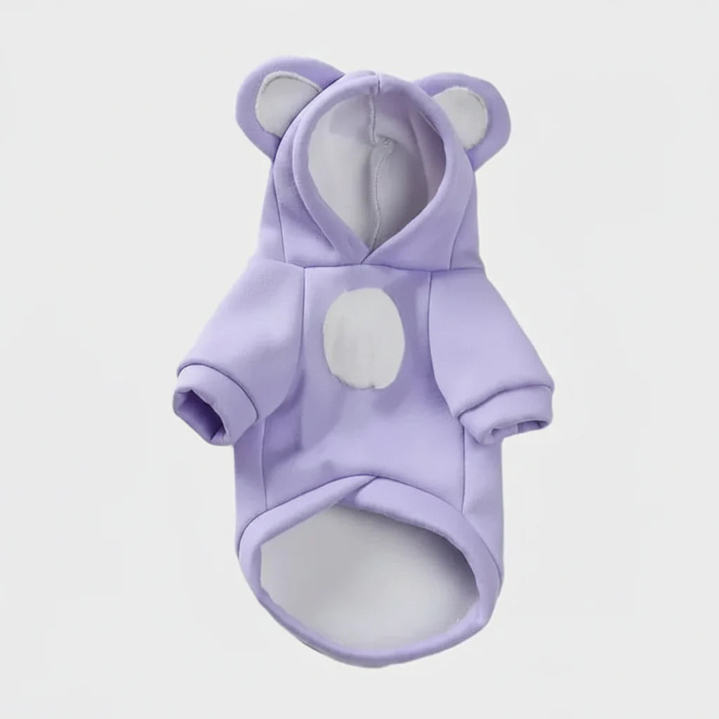 Lavender cat hoodie sweater with hood, pointed ears, and white oval belly patch