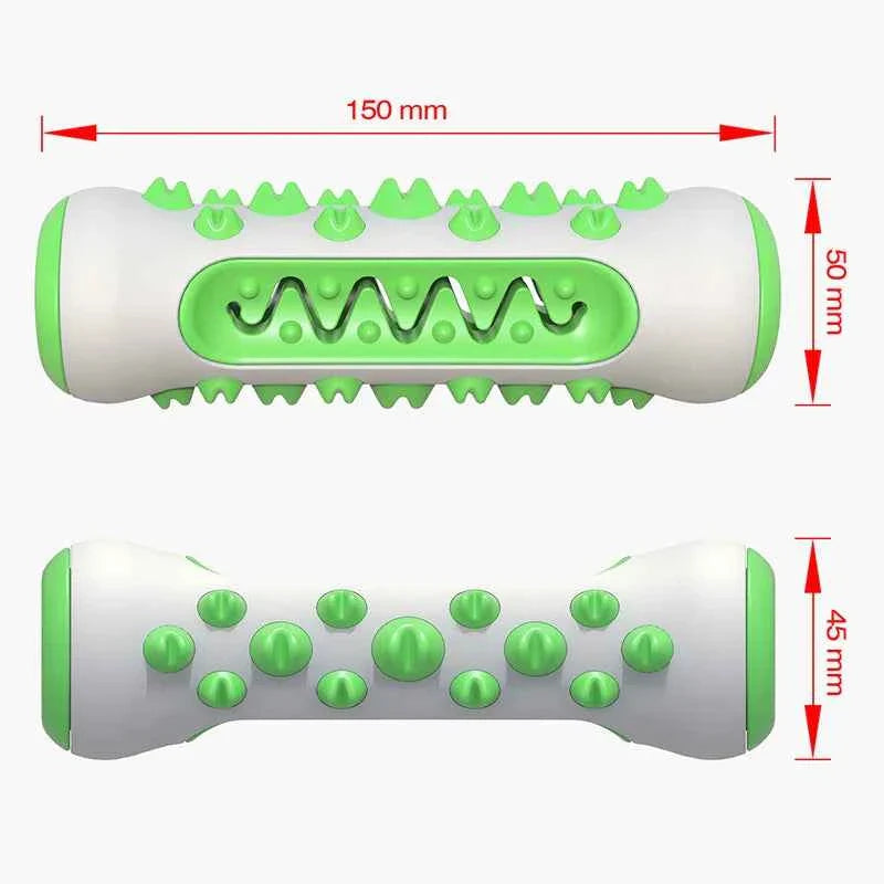 Sized view of green-and-white chew-resistant dental dog toy with raised ridges
