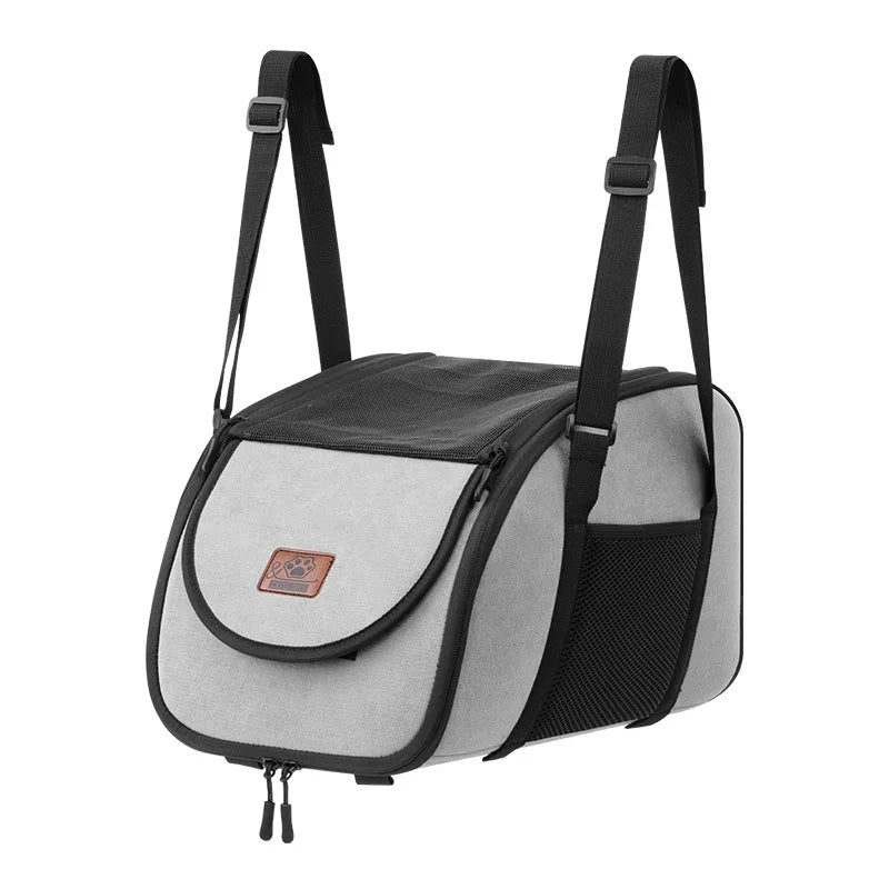 Light grey car seat belt carrier with black trim and side mesh pocket