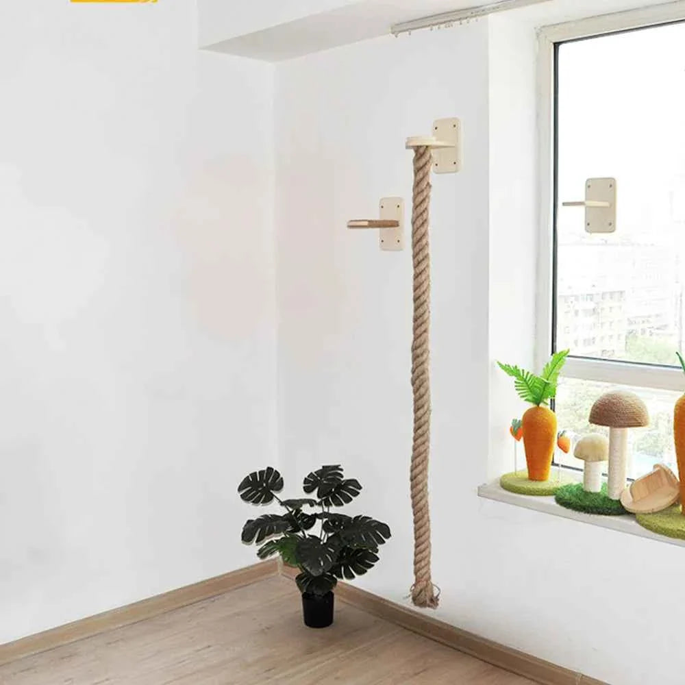 Wall-mounted cat climbing rope with sisal rope and small wooden ledges for climbing