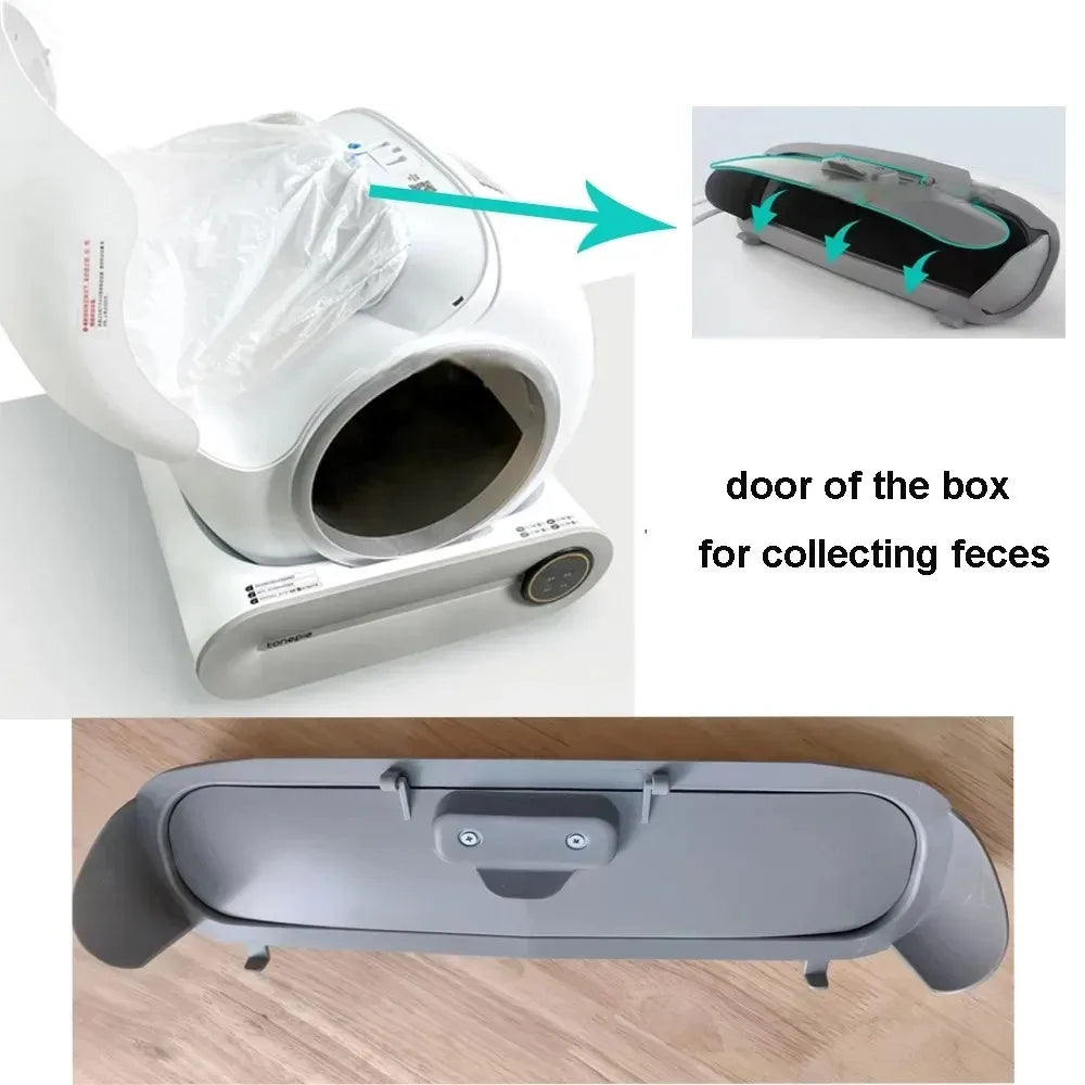 Replacement bin door attachment with latch for automatic cat litter