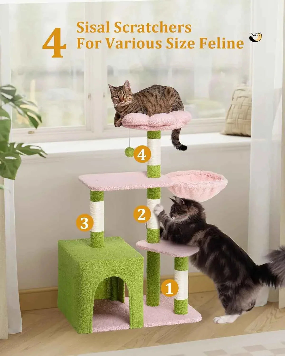 Cat tree with green scratching posts and pink platforms; cat sits on top cushion