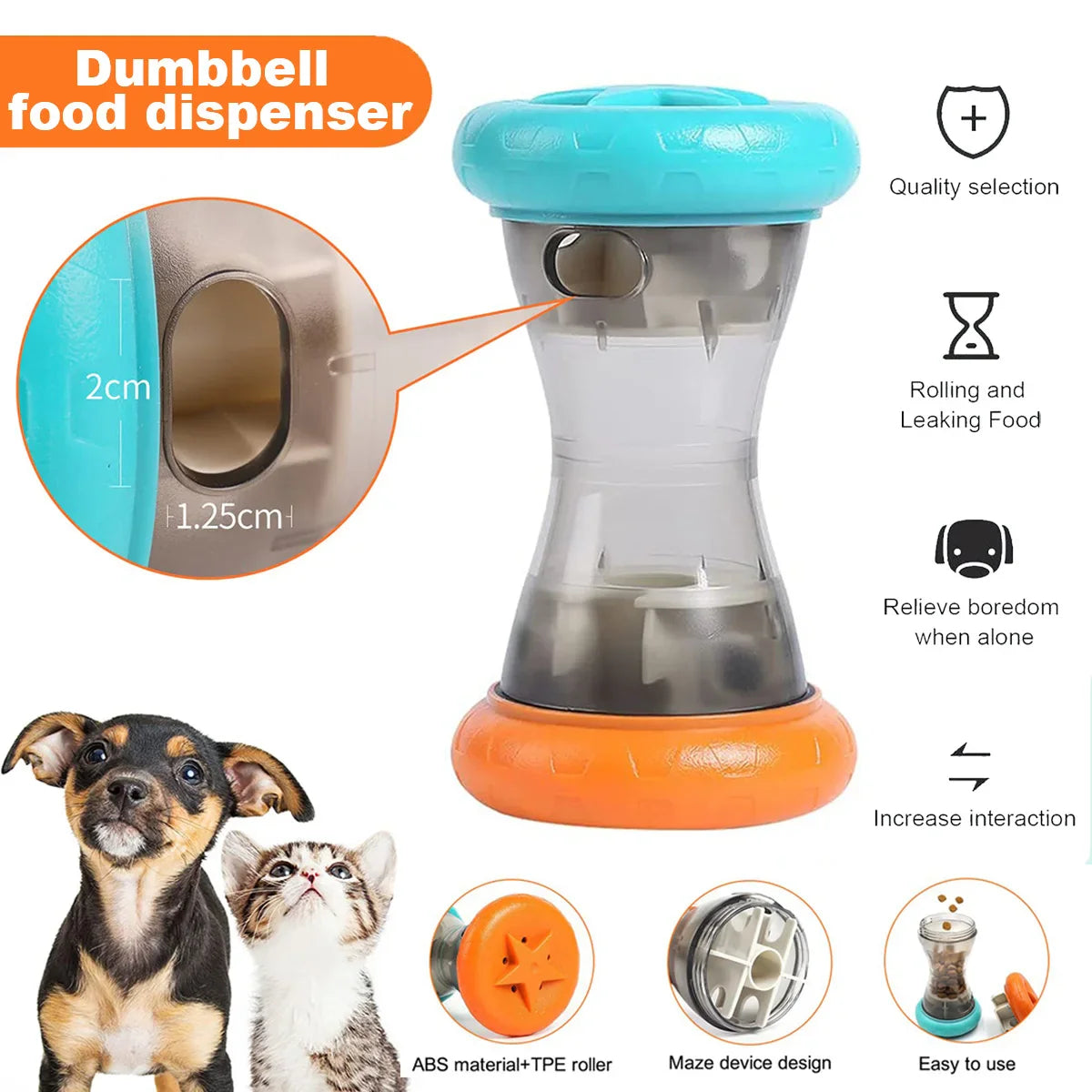 Teal top and orange base interactive treat dumbbell toy with clear center