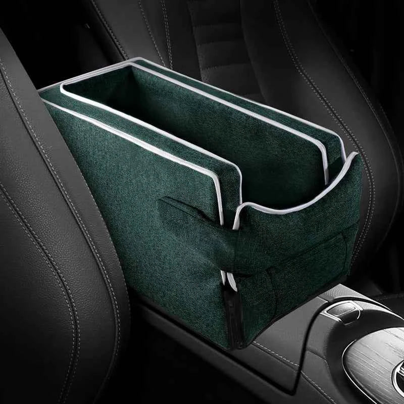 Green car center console pet bed with white edging and structured side walls