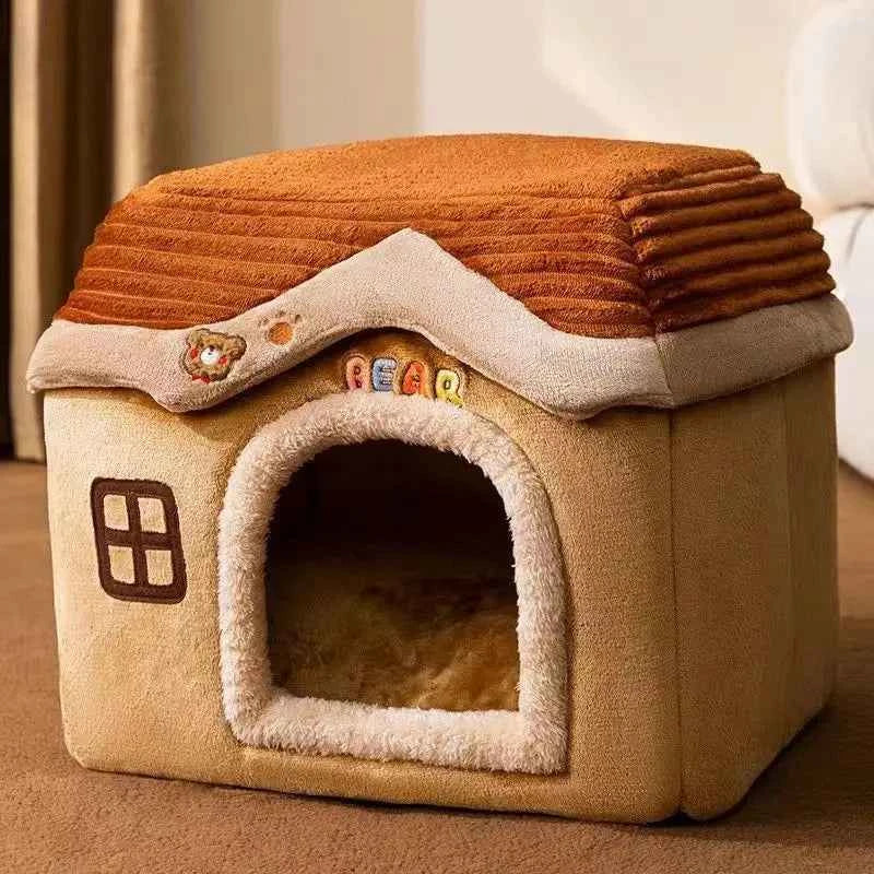 Brown cat cave nest with plush trim and arched doorway under a detachable striped top