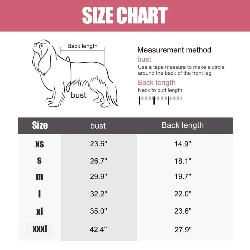Fleece dog jumpsuit pajamas size chart with bust and back length measurements