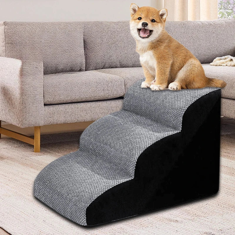 Grey two-step pet stairs ramp with black side panels and textured non-slip surface