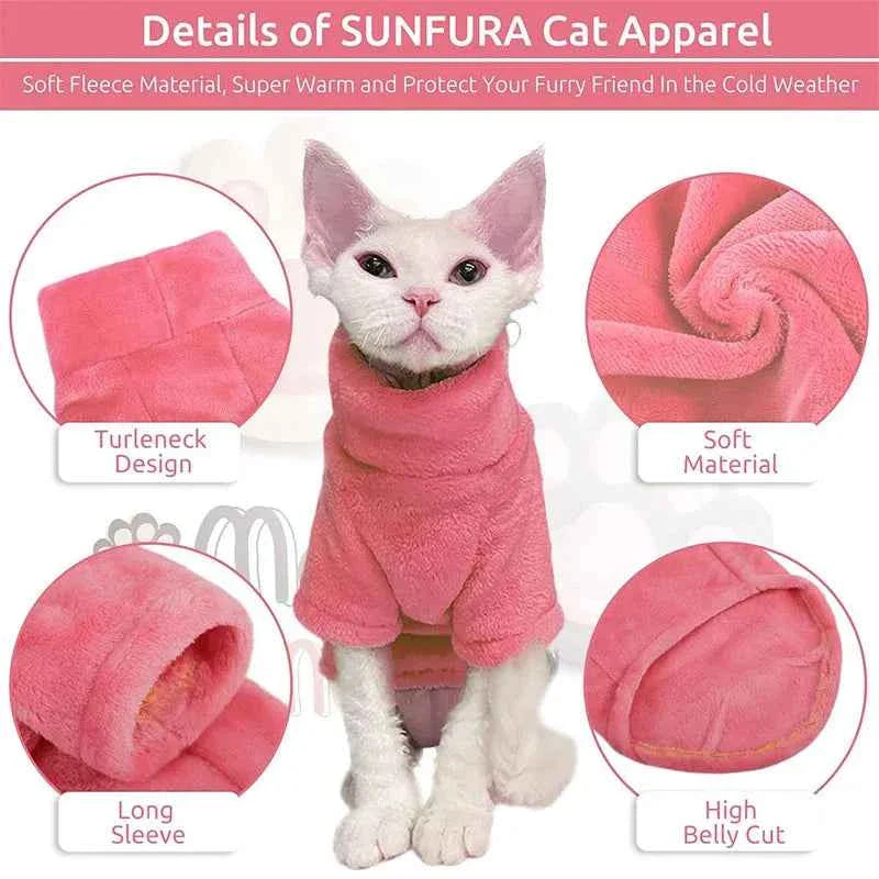 Pink fleece cat turtleneck sweater with high collar and soft material
