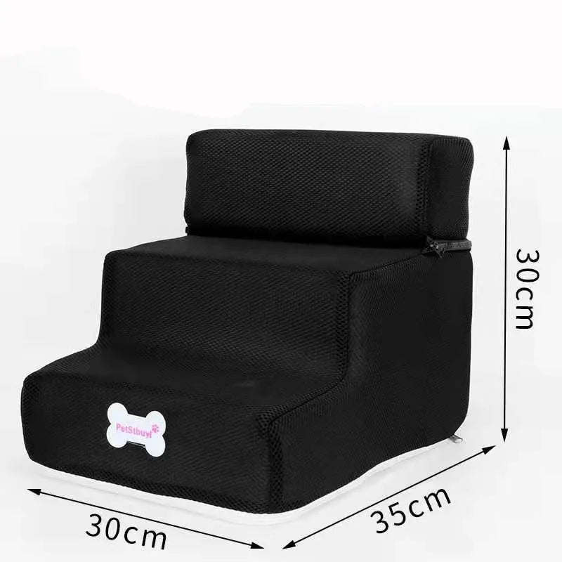Black 3-step pet stairs with ramp; shows size labels 30cm by 35cm by 30cm