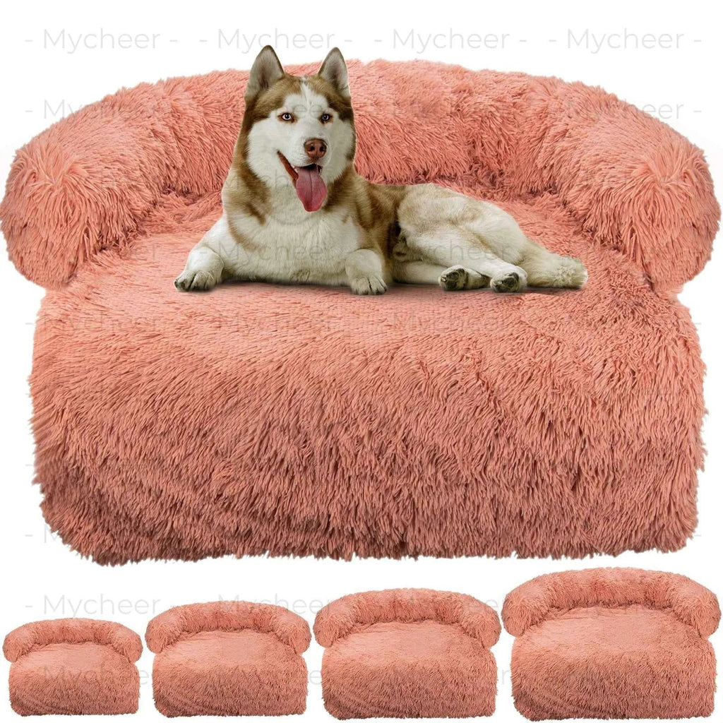 Large plush sofa-style dog bed, pink shag fabric with rounded back and arms
