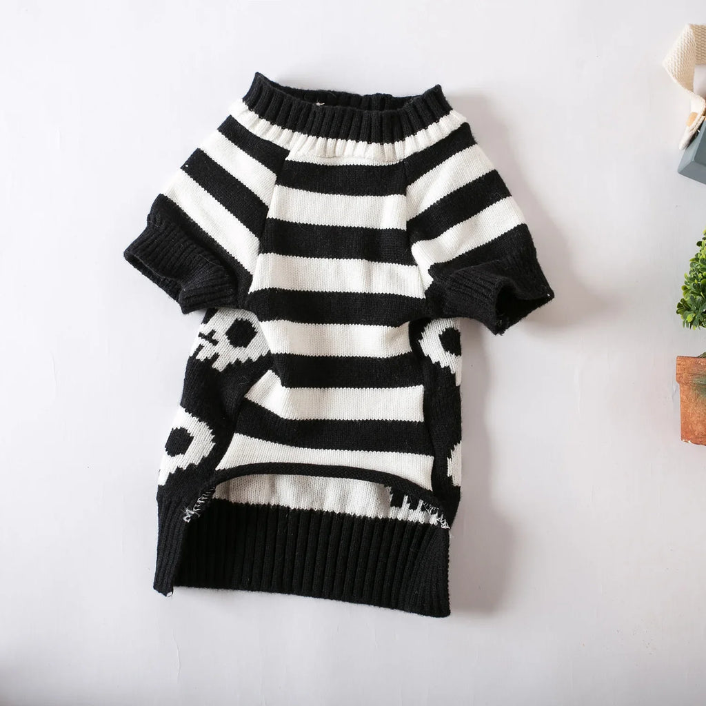 Striped skull knitted pet sweater, black and white with ribbed collar and hem