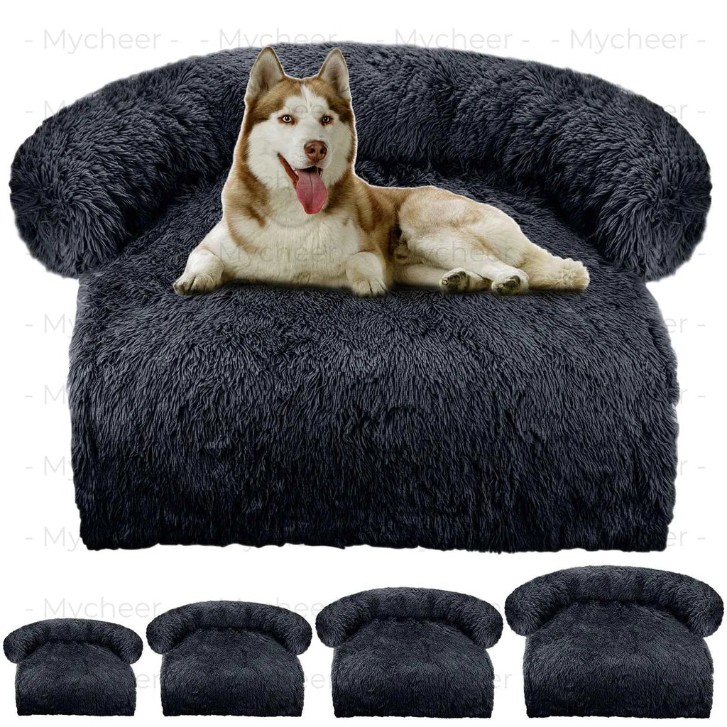Large plush sofa-style dog bed, dark gray shag fabric with curved backrest