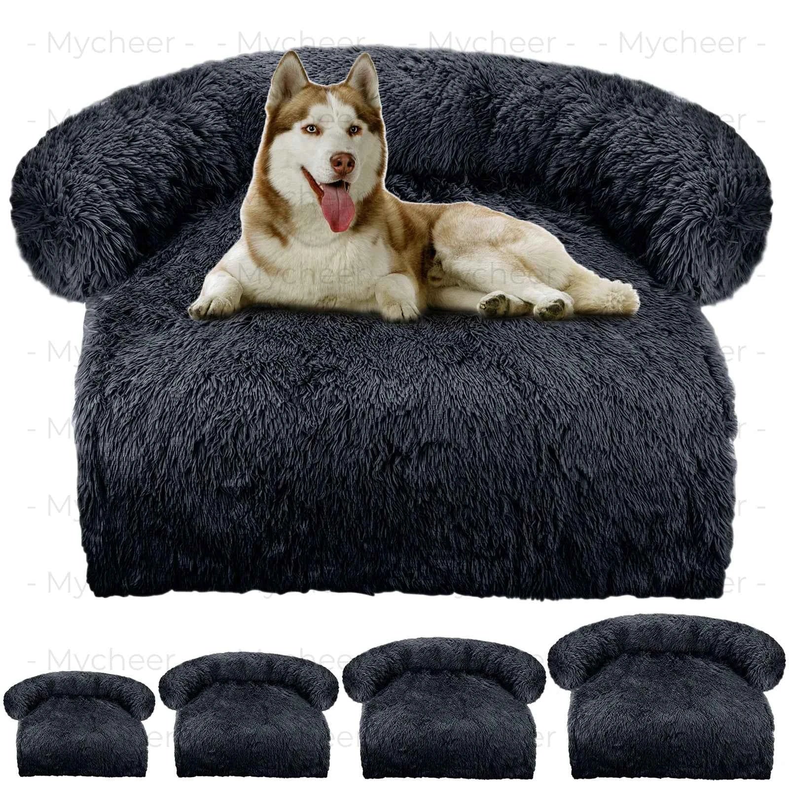 Large plush sofa-style dog bed, dark gray shag fabric with curved backrest