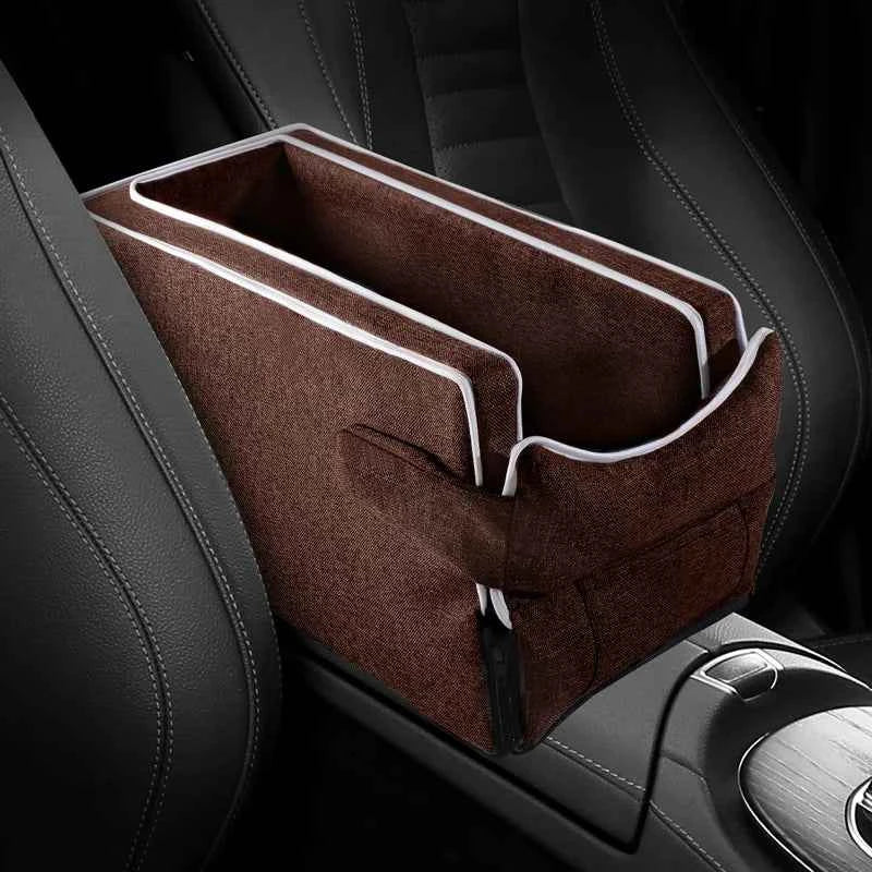 Coffee-brown car center console pet bed with white edging and side pocket