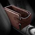 Coffee-brown car center console pet bed with white edging and side pocket