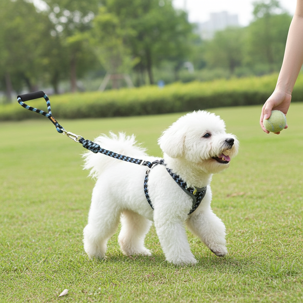 Dog leash and harness set with blue patterned webbing and black clips