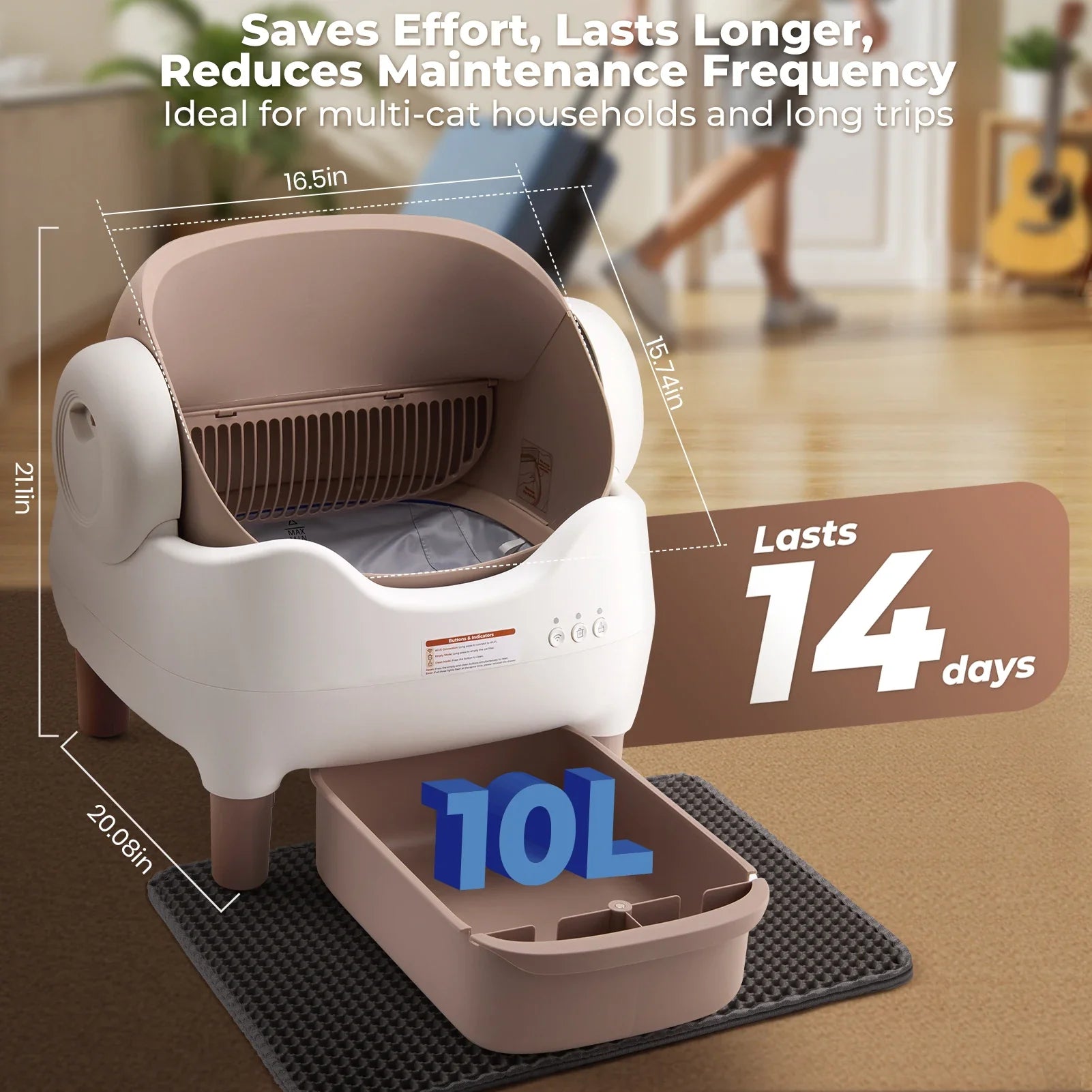 White open-top cat litter box with khaki interior and emptying waste bin capacity 10L