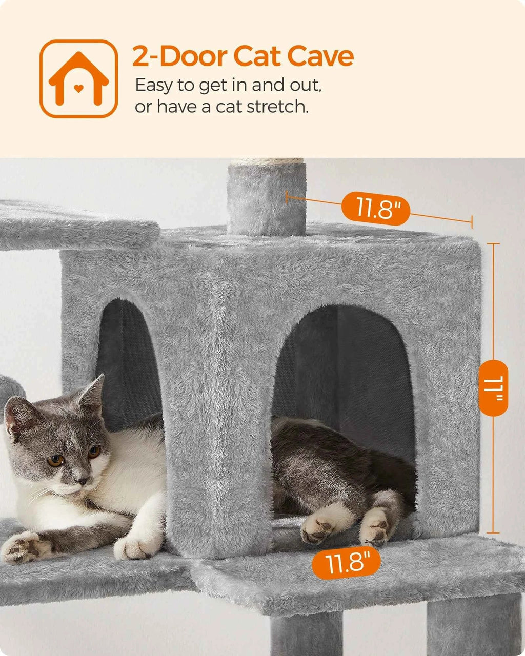Gray 2-door cat cave on a multi-level scratching tower with soft platforms