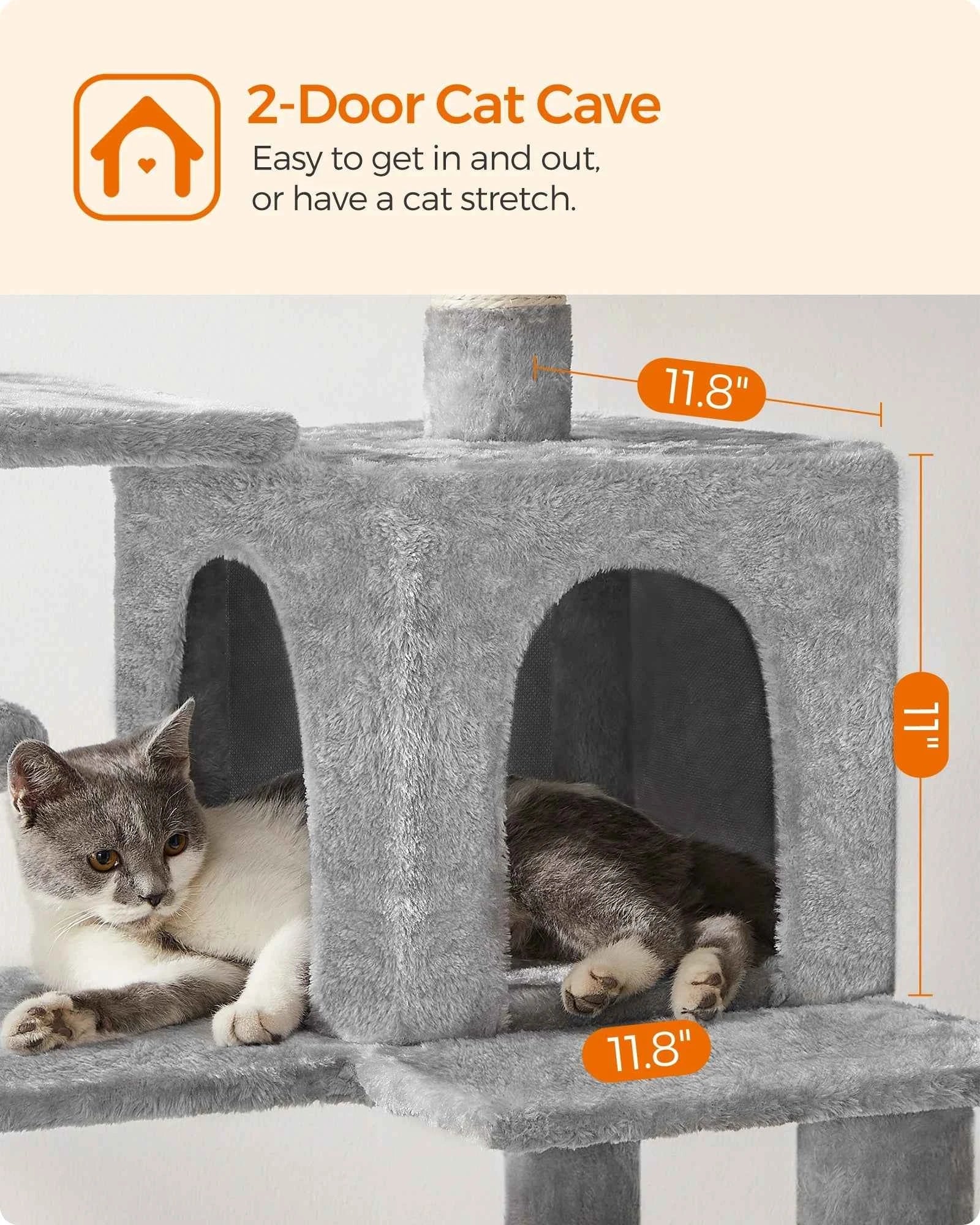 Gray 2-door cat cave on a multi-level scratching tower with soft platforms