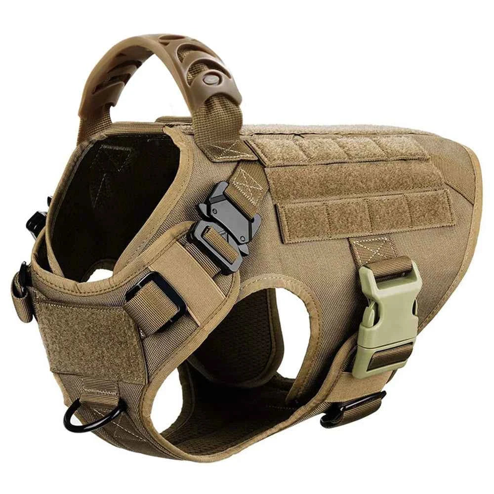 Khaki/brown tactical no-pull dog harness vest with front buckles and padded chest