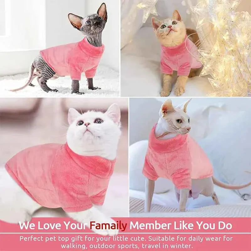 Pink turtleneck fleece cat sweater on hairless cats, sleeves and belly cut