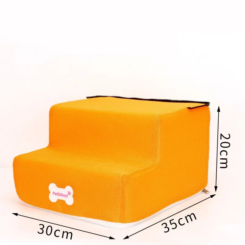 Two-step pet stairs in orange fabric with pet paw tag and non-slip base