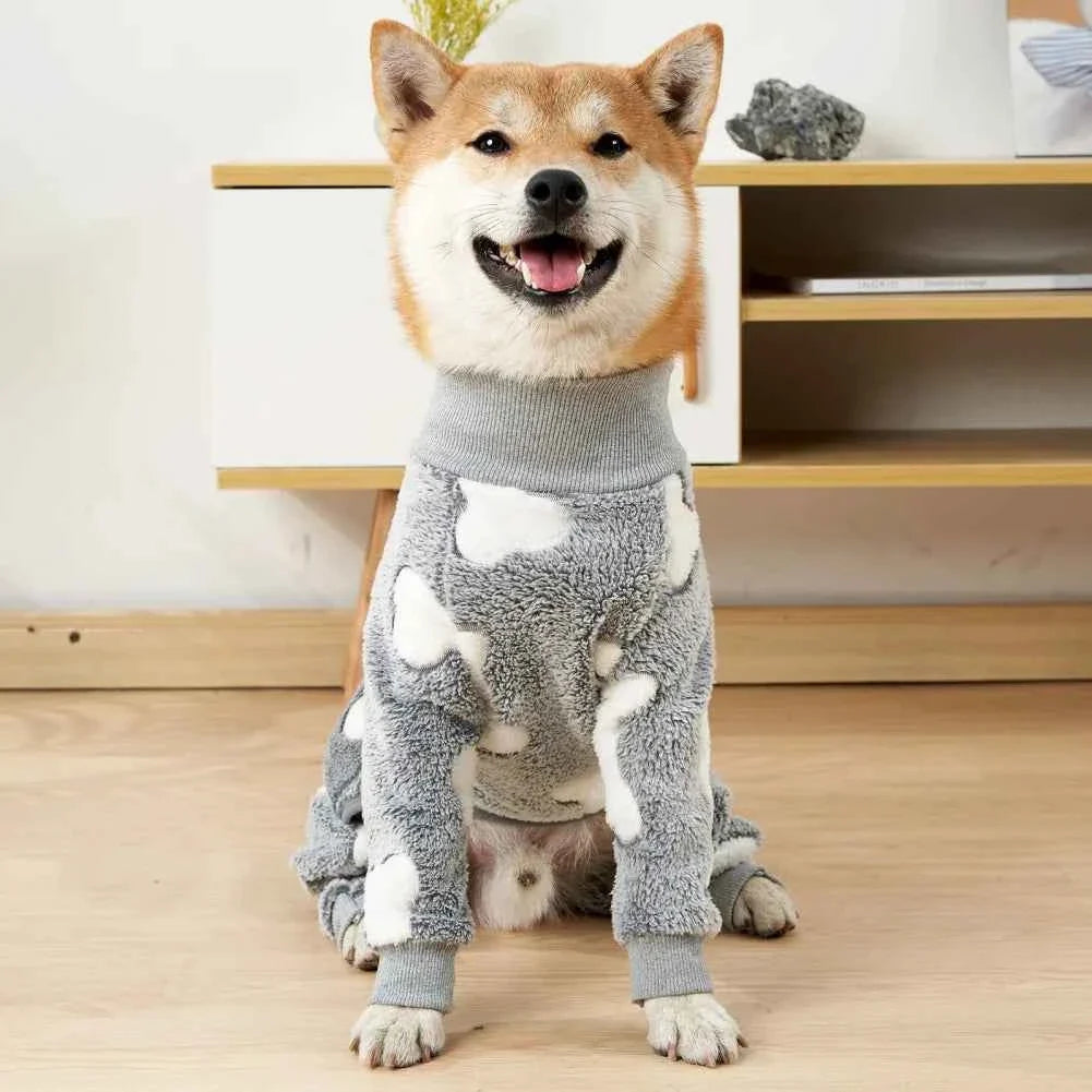 Gray fleece dog jumpsuit pajamas, white bone details across chest and legs