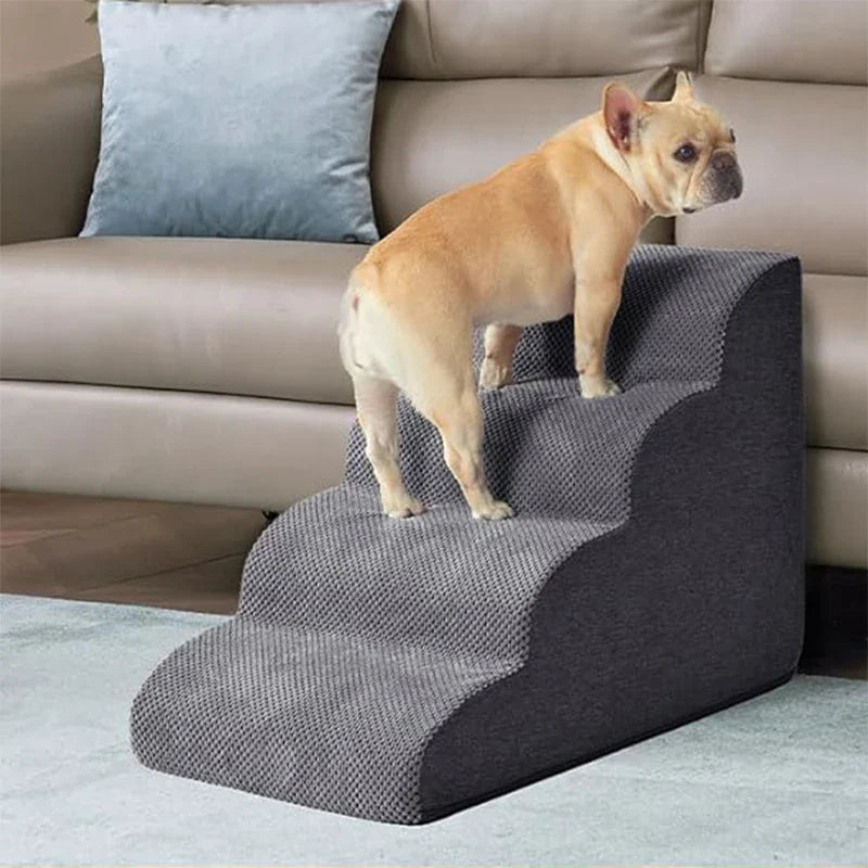 Dark gray 3-step pet stairs with two raised treads and padded wedge base