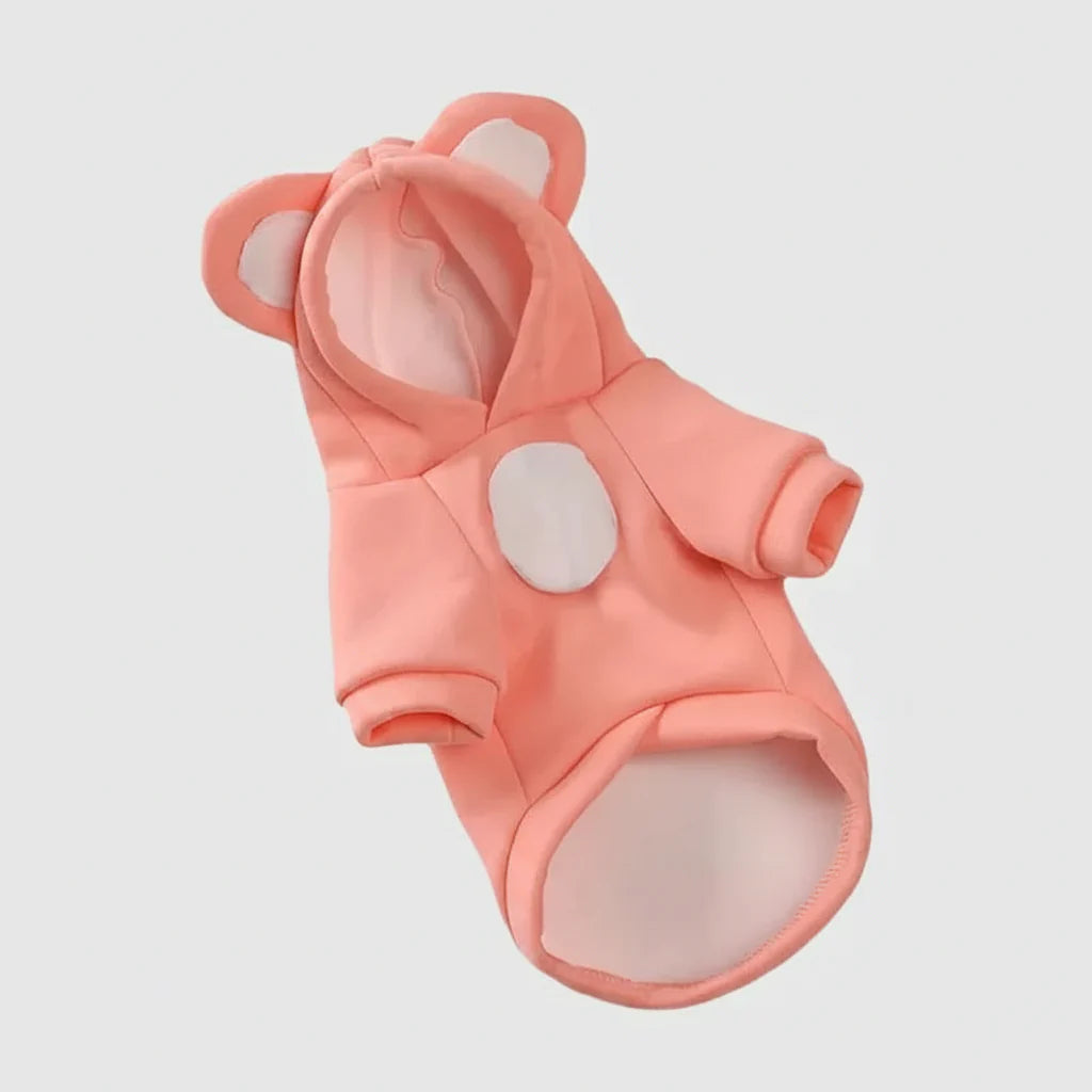 Coral pink cat hoodie sweater with hood, pointed ears, and white oval patch